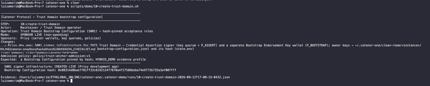 Terminal output of stage 10: signer infrastructure created live and the Bootstrap Configuration hash
