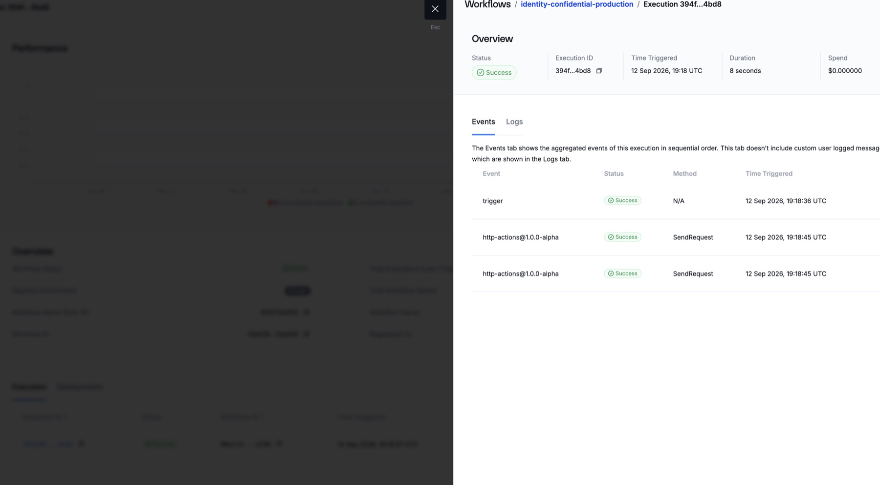 CRE execution 394f…4bd8: Success, 8 seconds, a trigger event then two http-actions SendRequest events