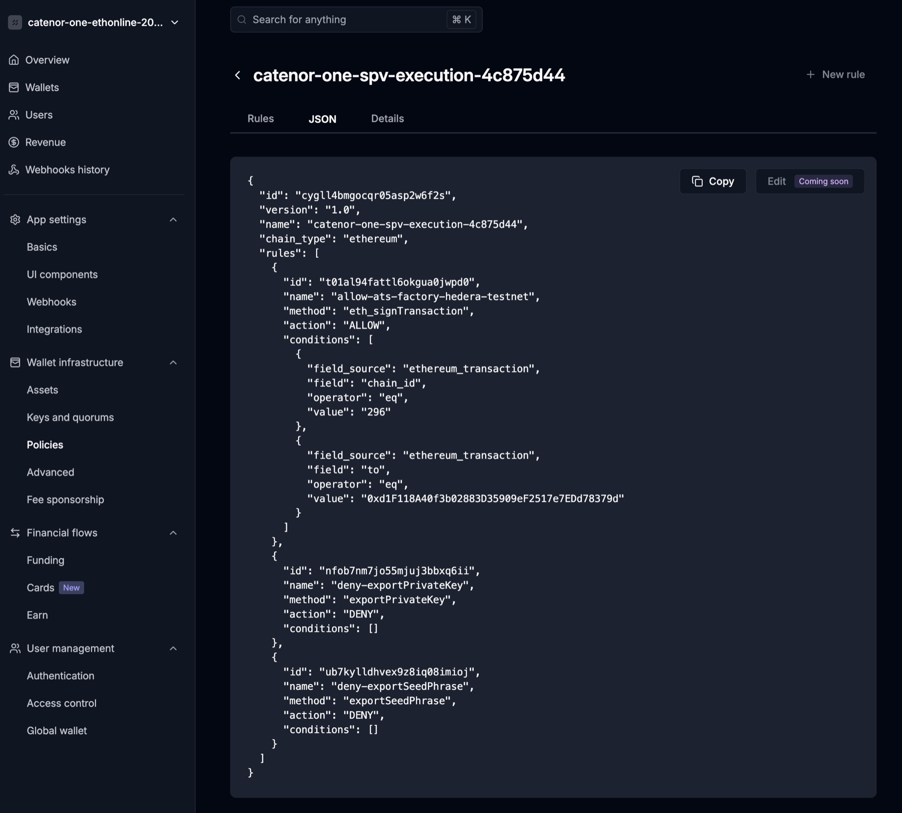 Privy dashboard, Privy policy JSON of the SPV wallet: eth_signTransaction allowed only if chain_id equals 296 and to equals the ATS v8 Factory; exports denied