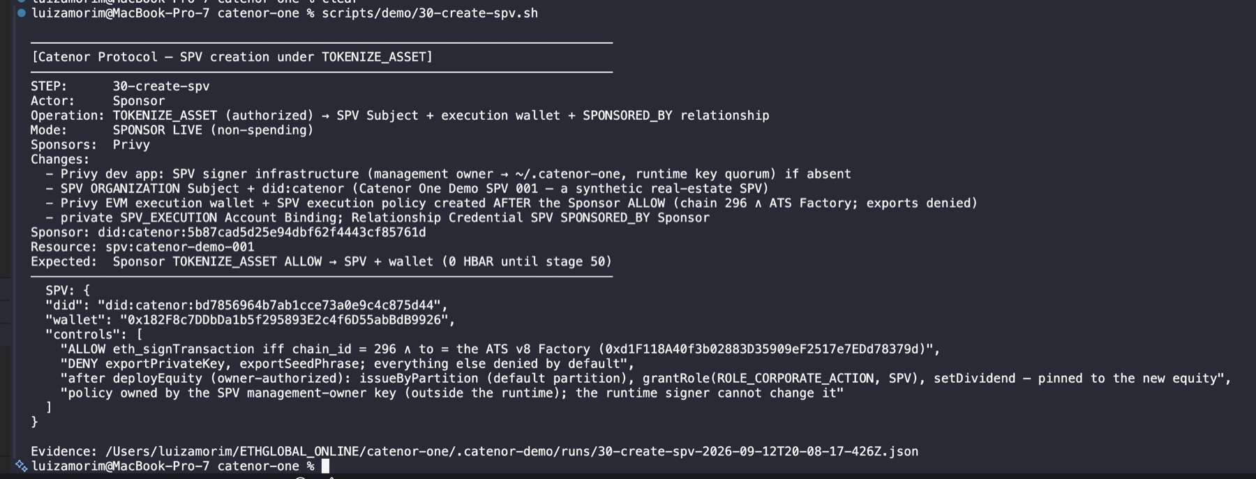 Terminal output of stage 30: SPV DID and Privy EVM wallet created after TOKENIZE_ASSET ALLOW