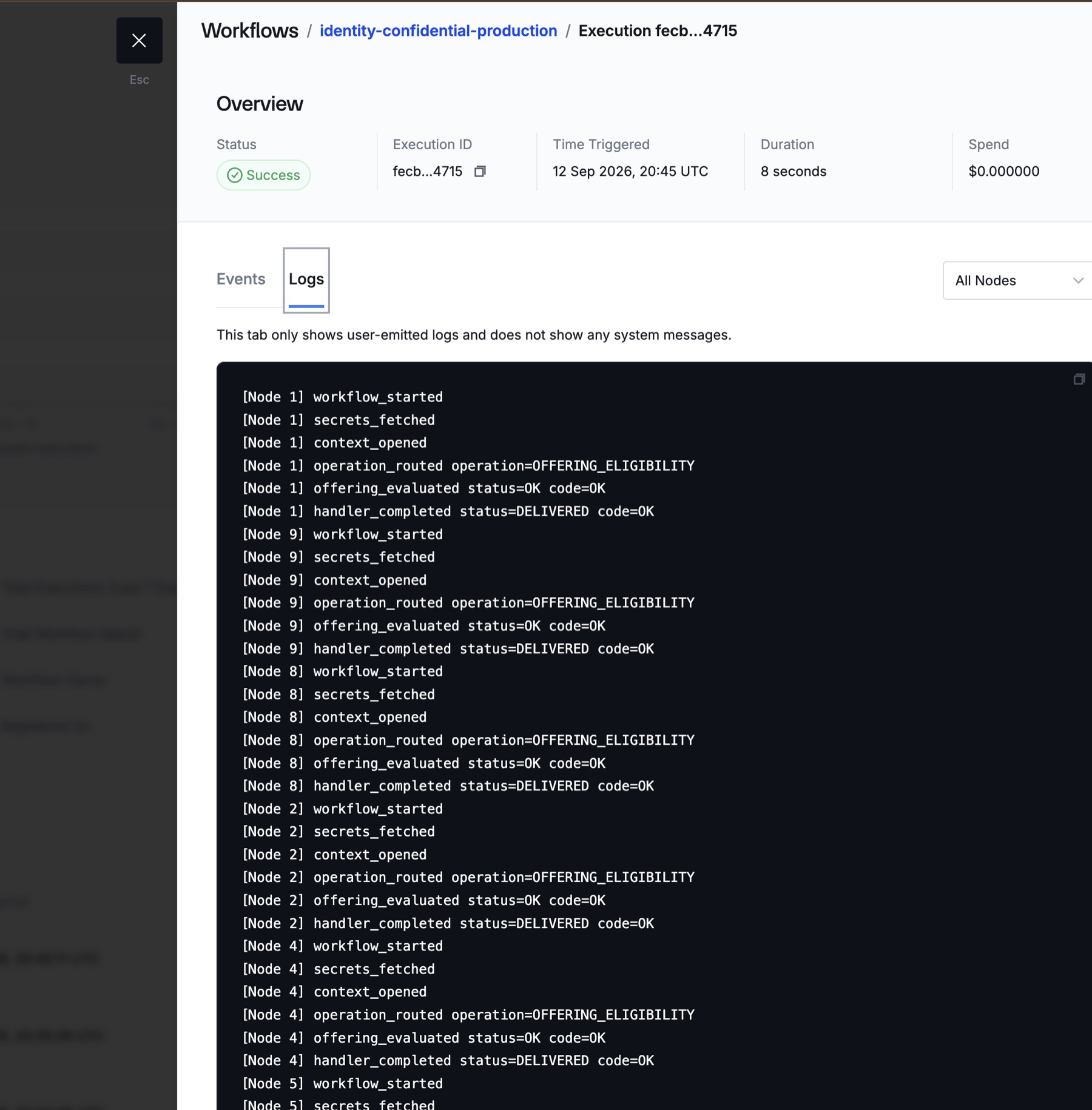 CRE Logs tab for execution fecb…4715 showing the same non-sensitive markers from several DON nodes