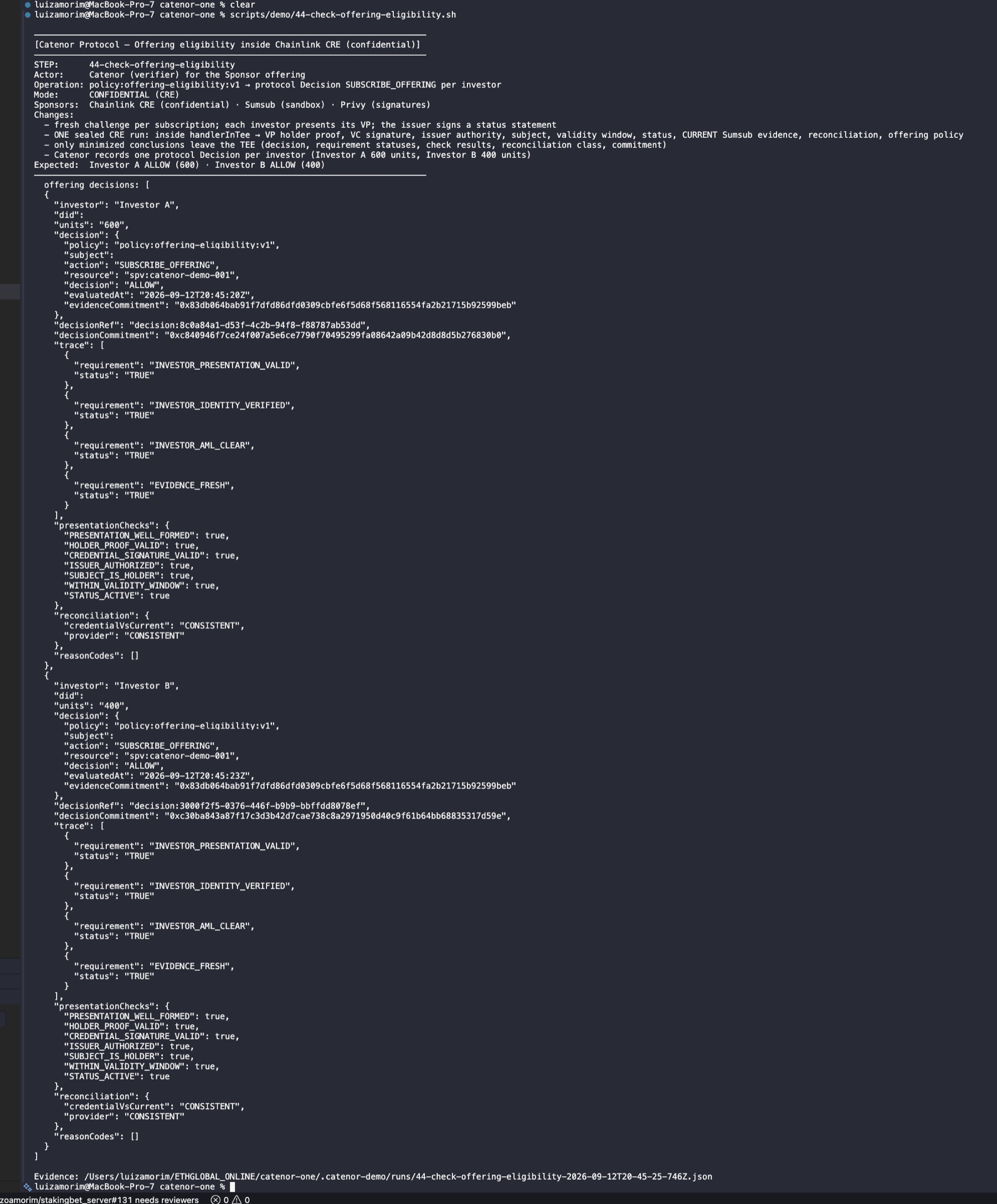 Terminal output of stage 44: Investor A ALLOW 600 and Investor B ALLOW 400 with traces and presentation checks; investor DIDs redacted
