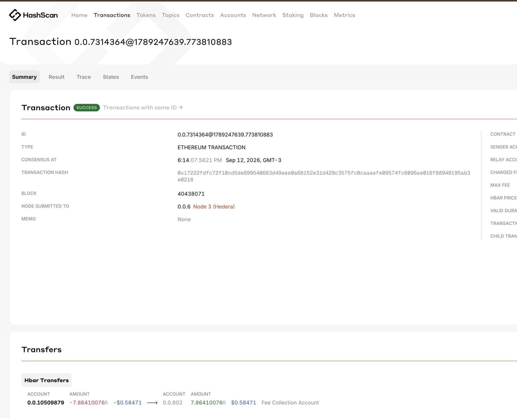 HashScan: the deployEquity transaction, SUCCESS in block 40438071, fee 7.864 hbar paid by the SPV account