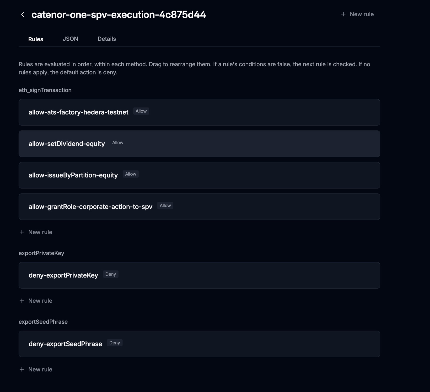 Privy policy rules view of the SPV wallet after stage 60: factory rule plus three equity-pinned rules, exports denied