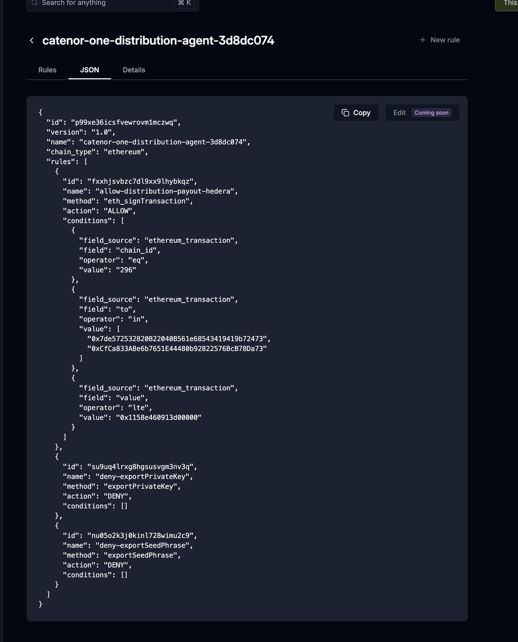 Privy policy JSON of the Distribution Agent wallet: chain 296, to in the two investor wallets, value at most 20 HBAR