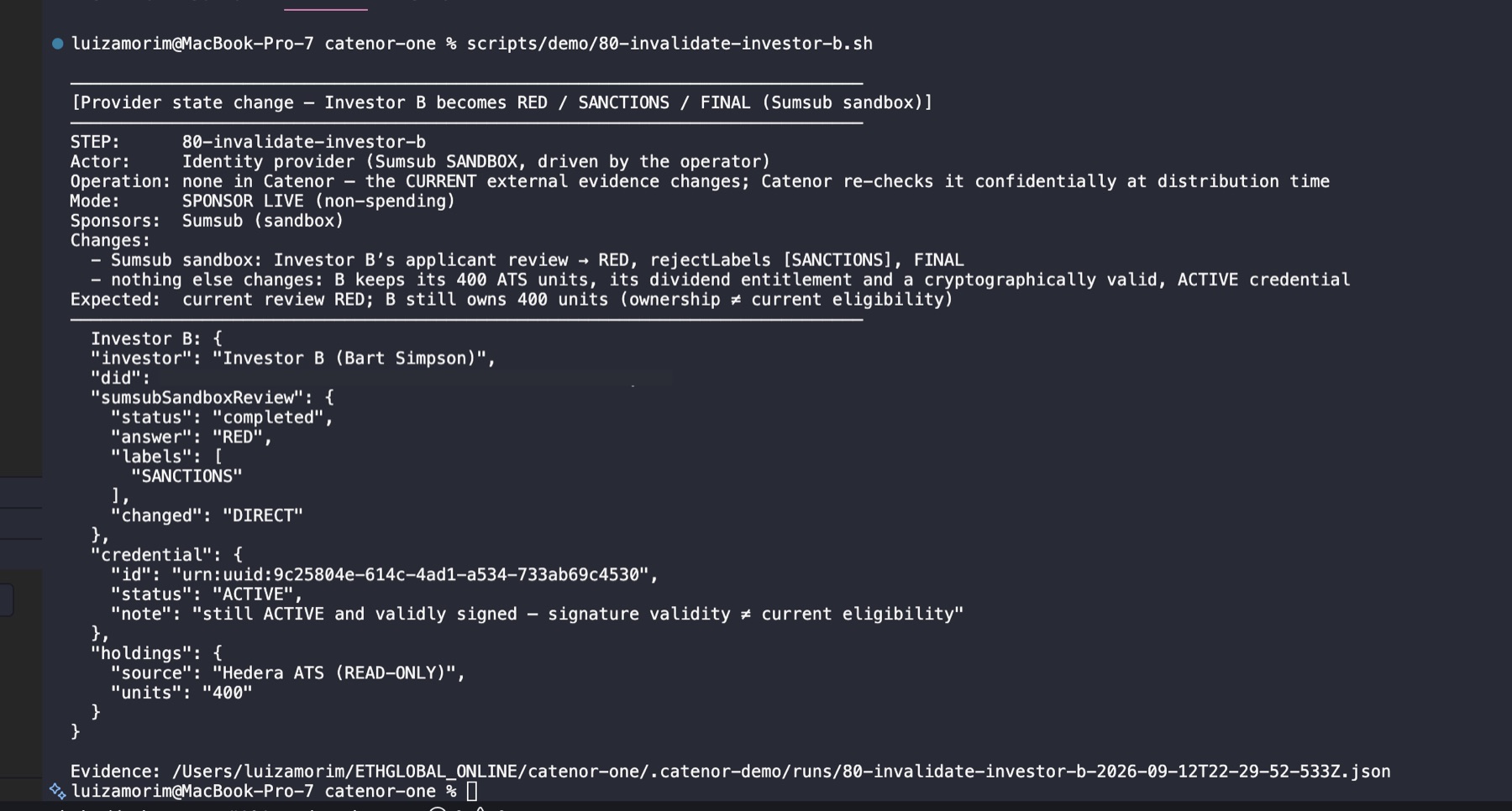 Terminal output of stage 80: review RED SANCTIONS; credential still ACTIVE; holdings still 400; investor DID redacted