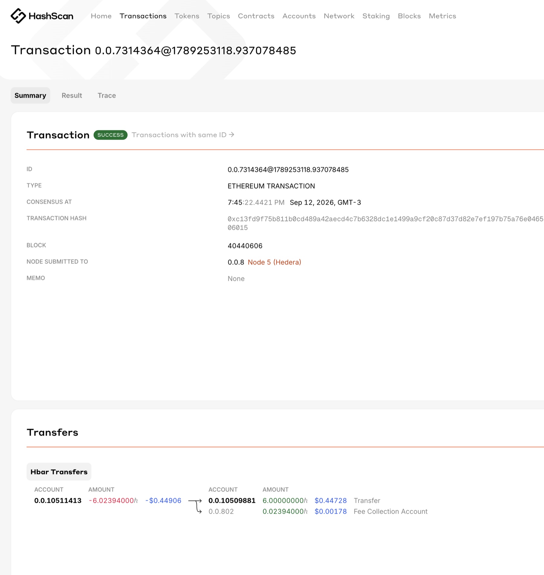 HashScan: payout transaction SUCCESS in block 40440606, Agent account to Lisa's account, 6 hbar