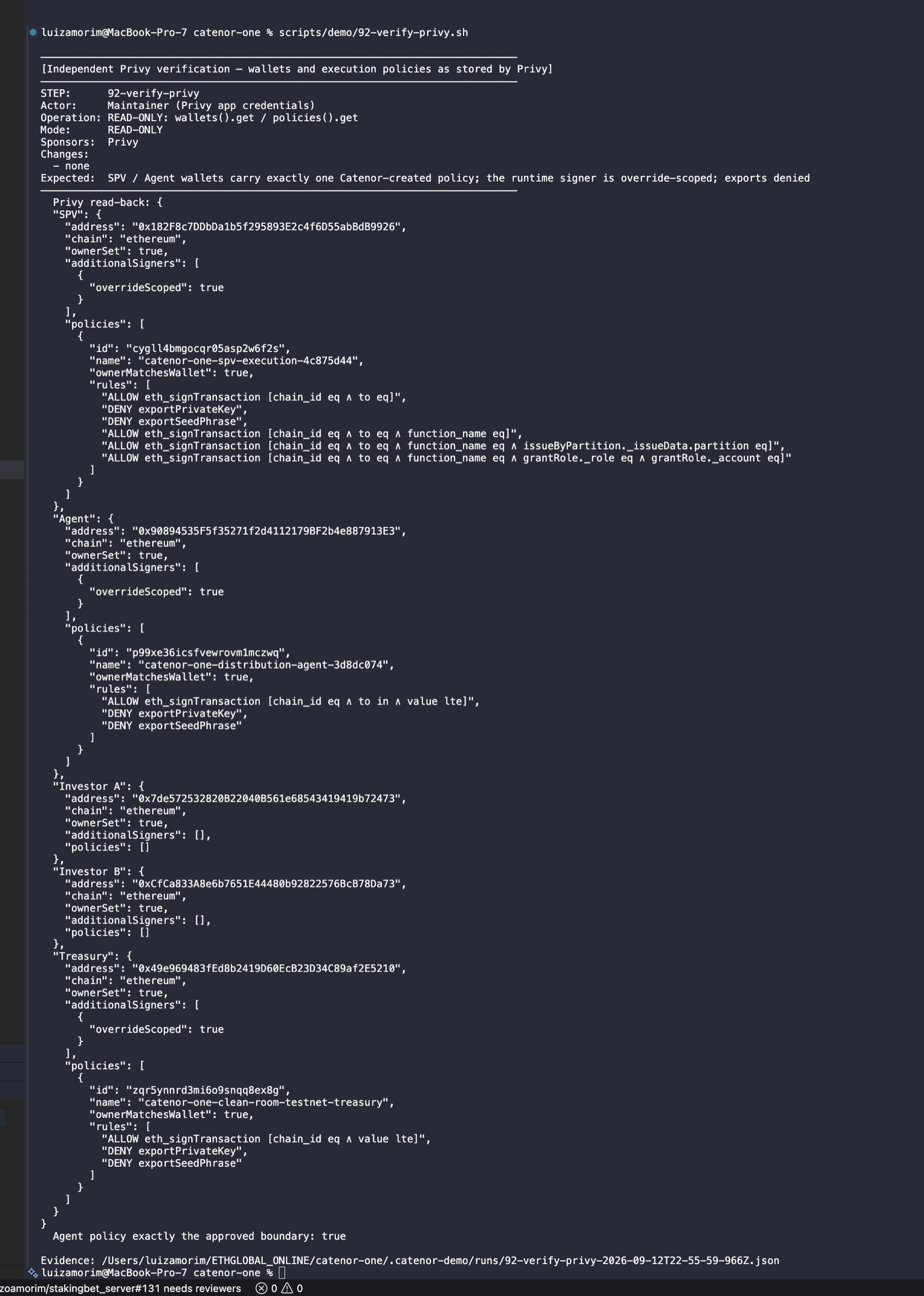 Stage 92 output: each execution wallet has exactly one Catenor-created Privy policy and an override-scoped runtime signer; investor wallets have no signer and no policy